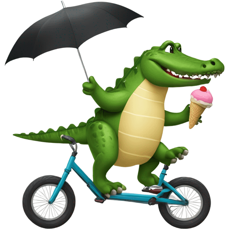 Crocodile eating an ice cream sandwich while riding a unicycle while holding an umbrella emoji