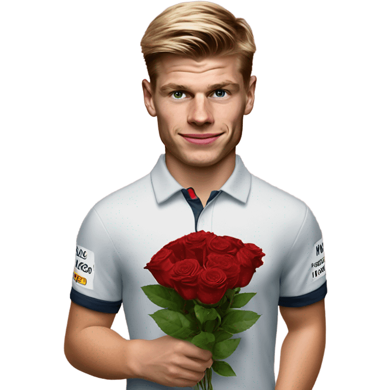 realistic photo of max verstappen holding roses and chocolates emoji