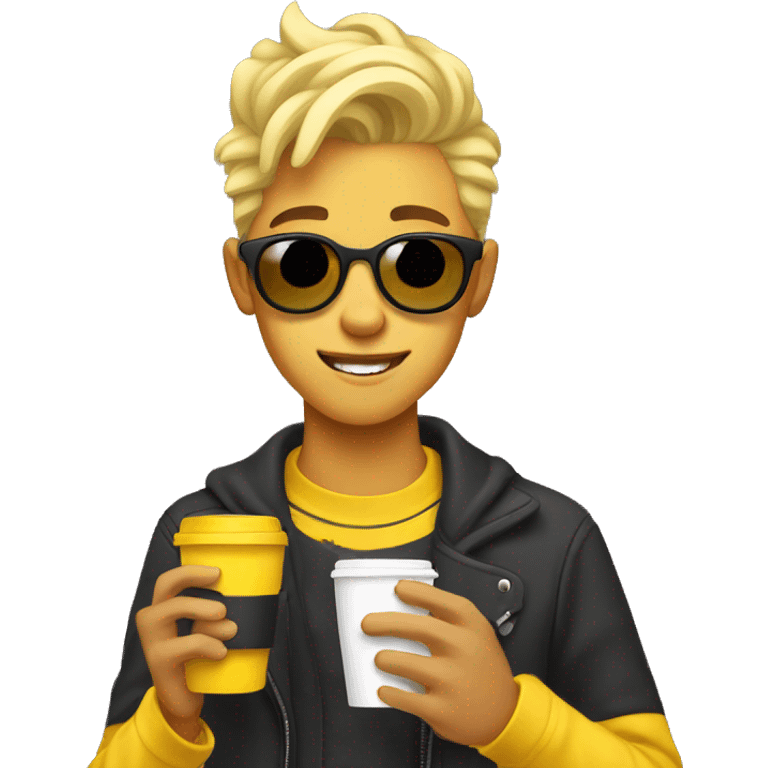 Cool yellow teenager with fashionable hairstyle, holding coffee in his hand emoji