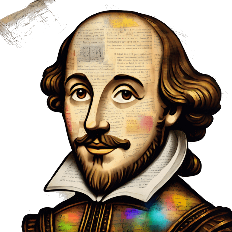 Shakespeare made of newspaper cuttings wearing flowers, stained glass, fairy lights, bokeh, annotated sketch, handwritten letters, collage of intricate patterns, lantern, bokeh, blur emoji