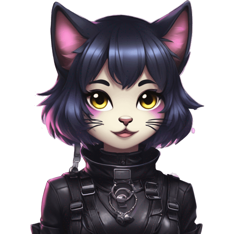 Gorgeous shiny epic magical gradient gothic dark techwear anime style anthro cat with blushing face aesthetic and pretty edgy black with collar and harness trending style emoji