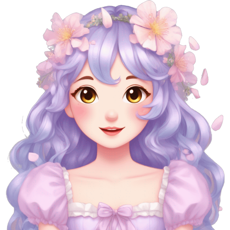 Gorgeous pastel anime style lady with blushing face with flower petals around  cottagecore fairycore pastelcore shiny colorful pearly petite simplistic aesthetic trending style emoji