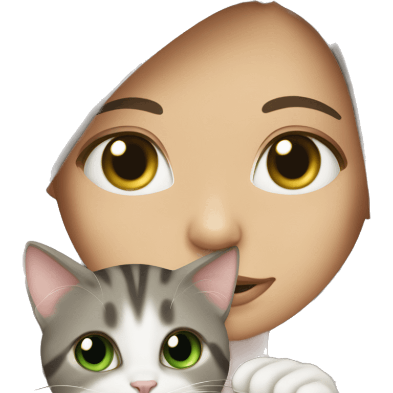 A girl with long brown hair and green eyes holds a gray tabby cat with green eyes in her arms emoji