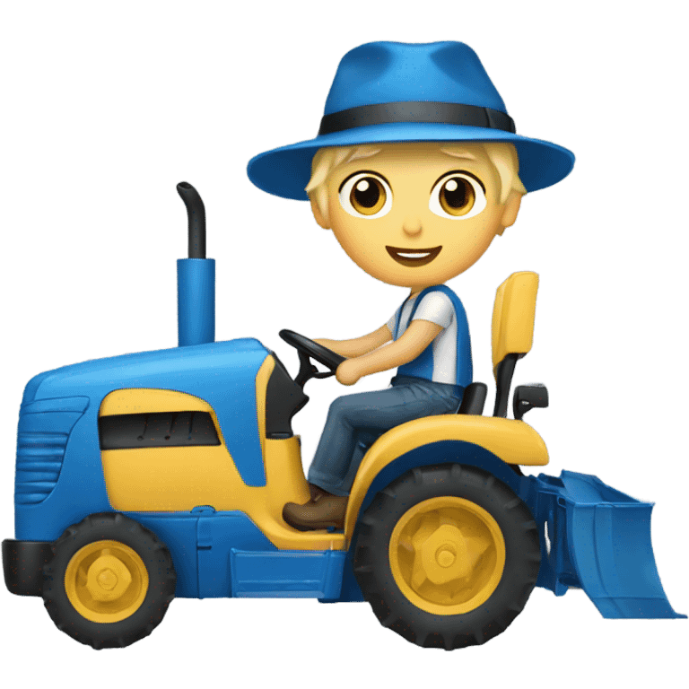 blonde boy with a blue hat driving a blue tractor  emoji