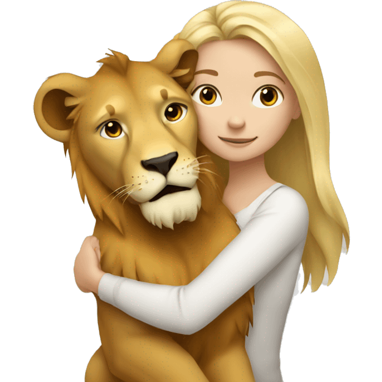 Blonde girl cuddling lion emoji