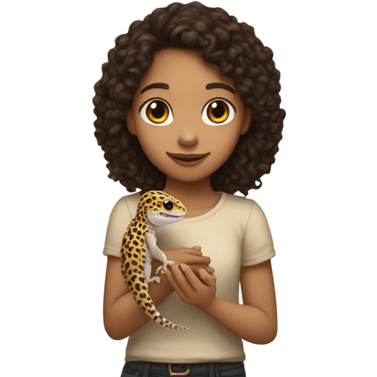 Pale girl with dark brown curly hair holding a leopard gecko emoji