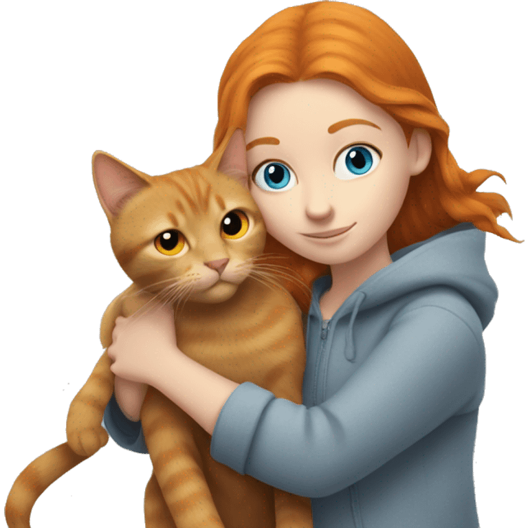 Ginger haired girl with blue eyes hugging a solid grey cat with yellow eyes emoji