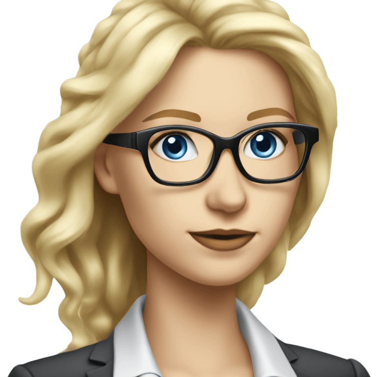 Pretty Caucasian blonde woman with glasses in a suit working, hyper realistic with blue eyes  emoji