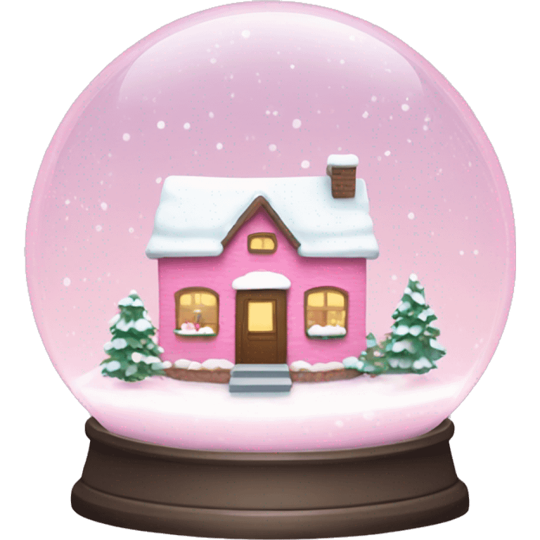 Little pink snow globe with a cozy cottage inside and snow falling emoji