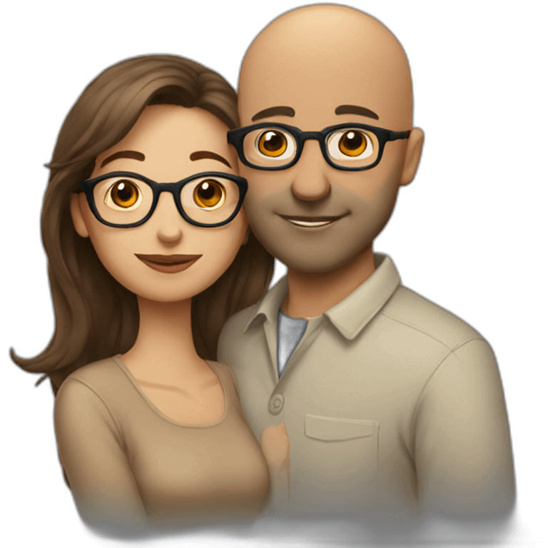 brown haired woman kissing bald man with glasses emoji