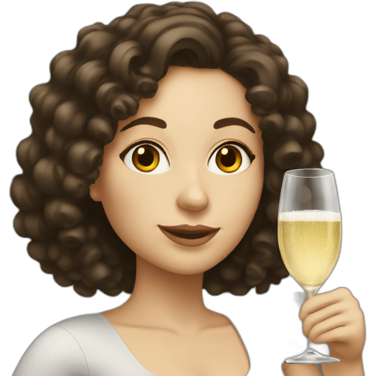 White woman with dark brown curly hair drinking prosecco emoji