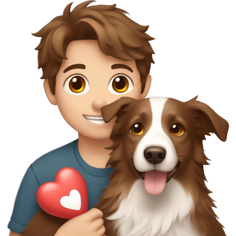 boy with brown hair holding a light brown border collie with love hearts around them  emoji