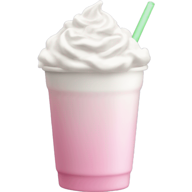 Clear grande cup with light pink drink on top and white whipped cream emoji