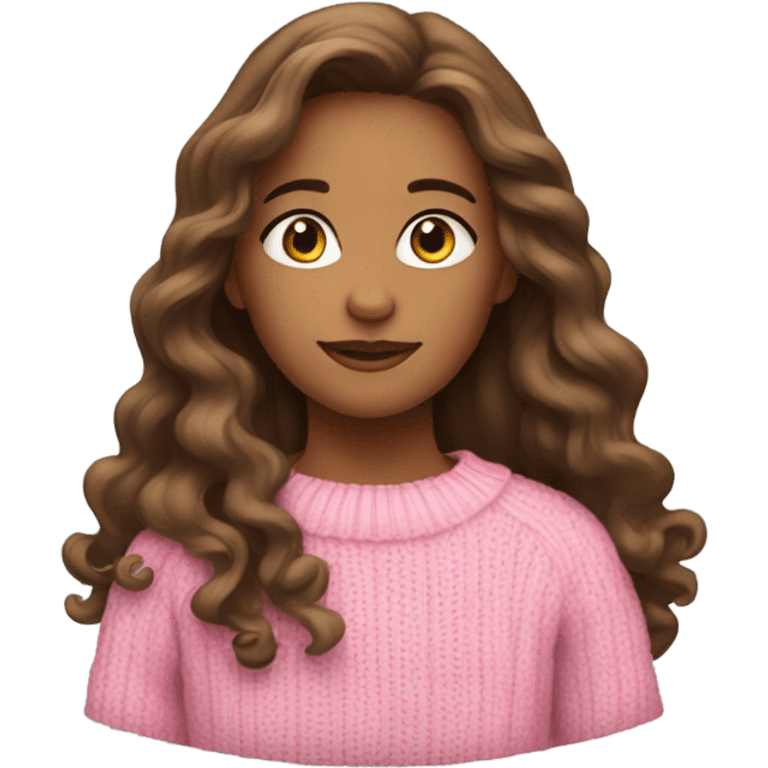 Girl with long brown wavy hair, she is wearing pink sweater emoji