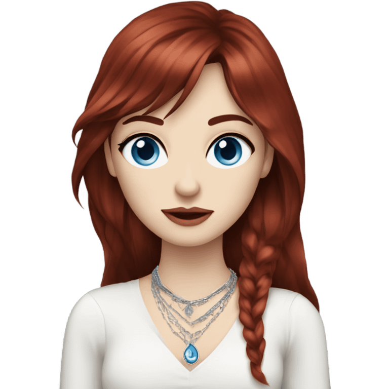 woman with pale skin, blue eyes and long dark red hair with layers and fringe bangs, wearing a white top and silver jewellery emoji