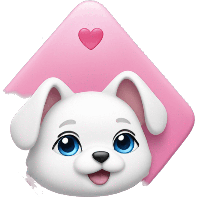 pink inverted triangle with rounded corners, with white cute eyes and heart-shaped pupils, white ears and a blue bow on top, little white paws on the sides, and blue paws on the bottom emoji