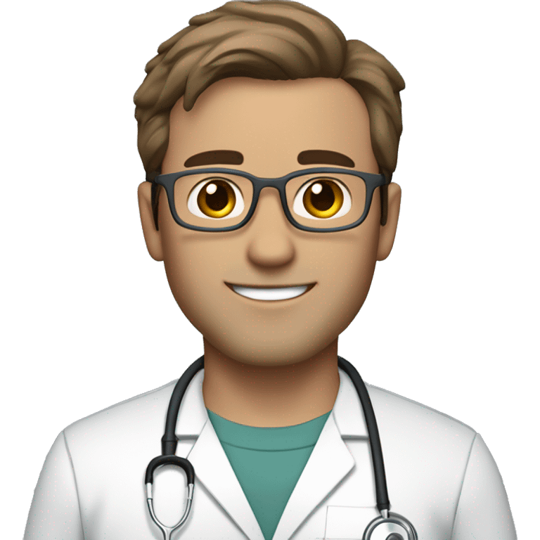 male Doctor in scrubs and stethoscope fair skin with brown hair and a little gray in it with gray eyeglasses and no lab coat emoji