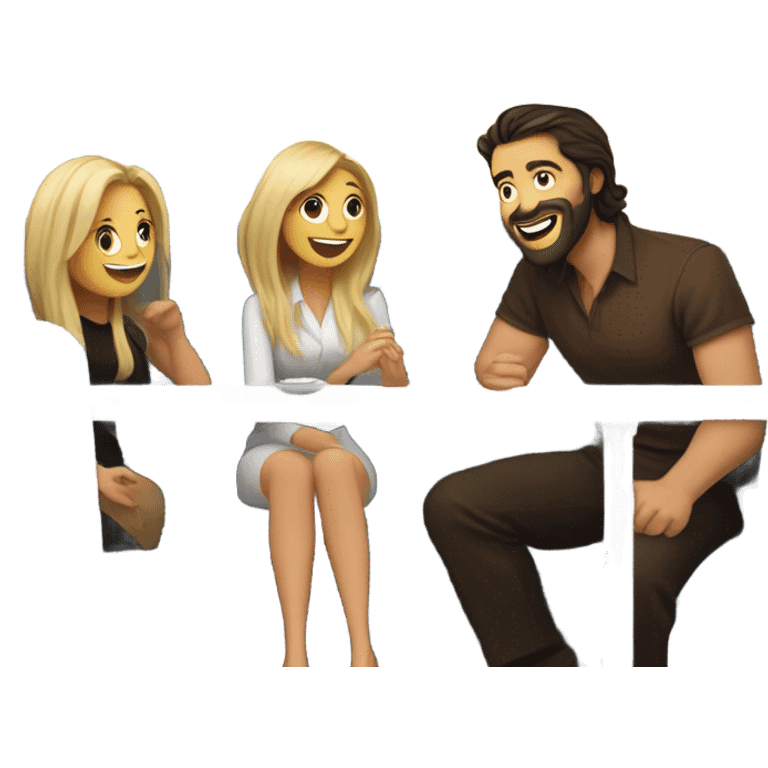 A woman with long dark hair and a woman with long blond hair, a bearded man with long dark hair and a man with short blond hair and sunglasses sitting in a booth on a train laughing . They are all white emoji