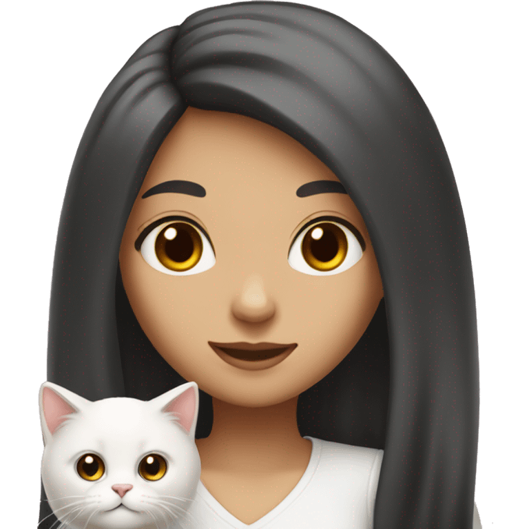 Emoji girl black long hair, brown eyes with white fluffy cat  emoji