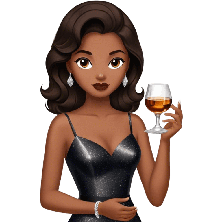 Beautiful woman in 1950’s woman fashion look, black shimmery dress, long dark brown hair, whisky with ice emoji