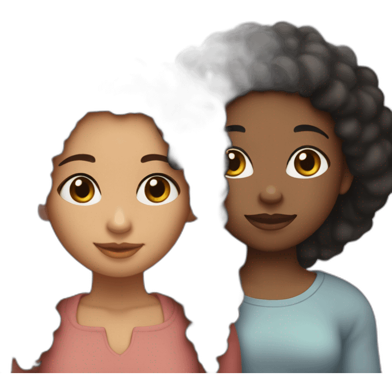 SISTERS!:subject 1 is Latina with long black hair hazel eyes, subject 2 is a pretty ebony woman with almond eyes and afro puffs, the couple is hugging emoji