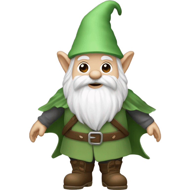 gnome with white sharp hat, white beard, white eyebrow, white mustag, green cape and pink net for catching butterflies emoji