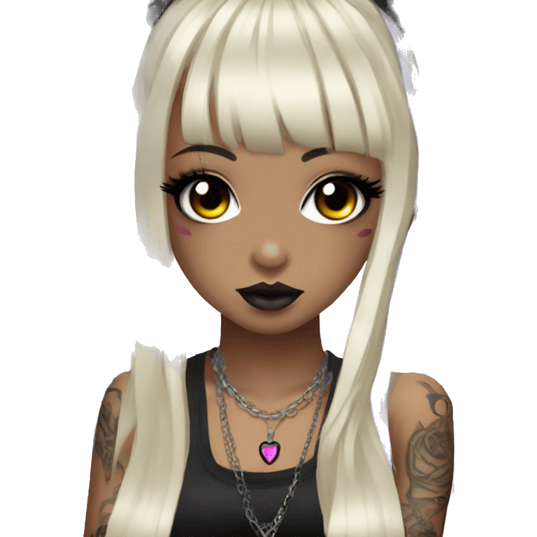 hime gyaru girl, long black hair with rainbow fringe, tattoos, dark makeup, goth grunge clothes emoji