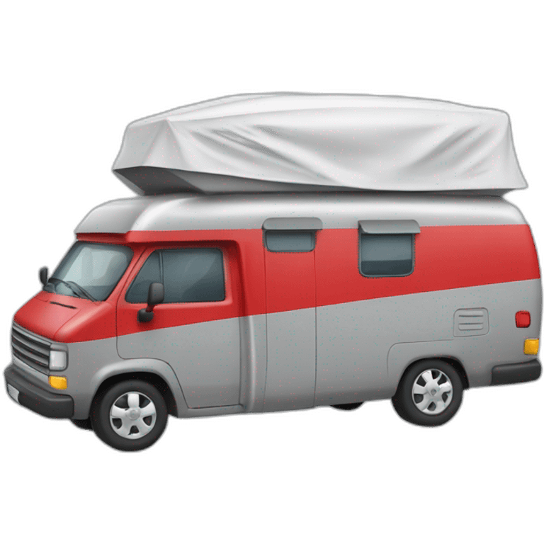 Grey camping car with red Line in the middle wearing a red christmas hat  emoji