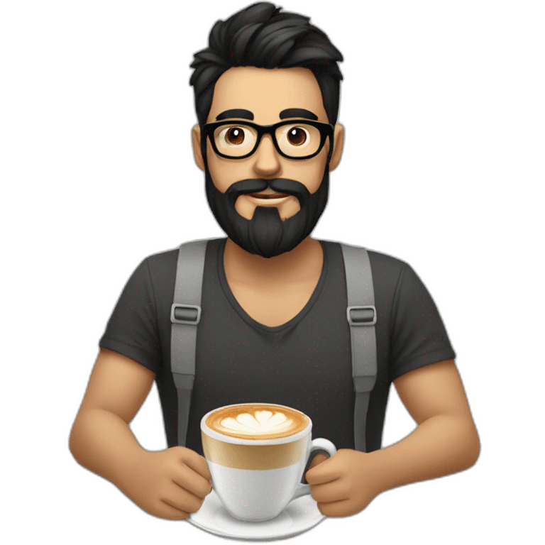 Hipster with black hair, beard and glasses drinking cappuccino   emoji