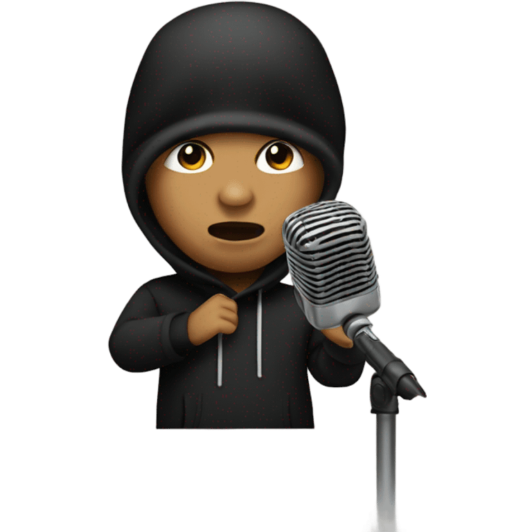 Mexican boy rapping into a microphone with a black ski mask emoji