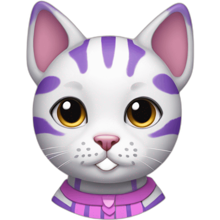 a white derpy cat with black hair on its head and pink and purple striped shirt and medium circle-shaped ears emoji