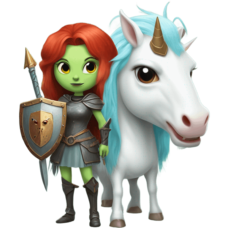 medieval shield: [politically incorrect, (
	{ female, alien, witch, color: light green, hair:red, eyes:cat} ]
	on a 
	[{ unicorn: white, legged:four, mane: light blue }]) emoji