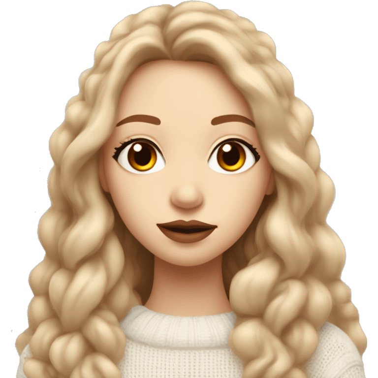 very pretty girl with beautiful long light brown hair big lips and small nose in white cozy sweater  emoji