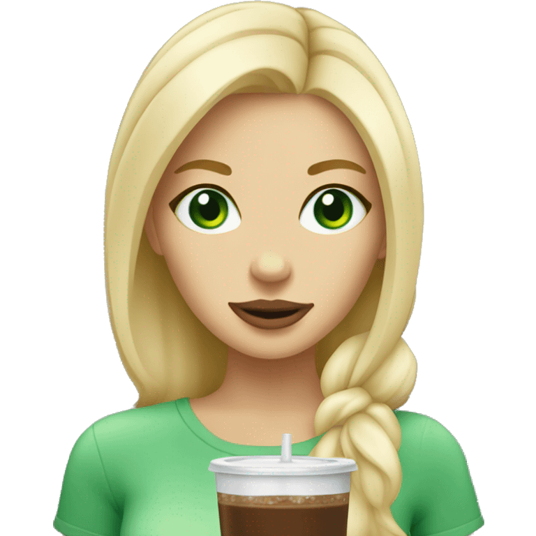 blondie girl with green eyes drinking ice coffee  emoji