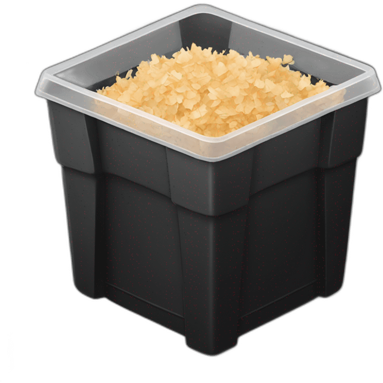 Black cubic plastic container with wood shavings inside emoji