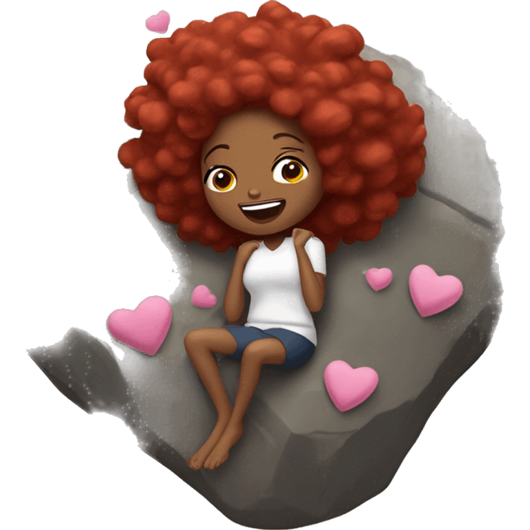 A black woman laying on her back on a rock, sick, red hair plats, butter flies around, pink hearts emoji