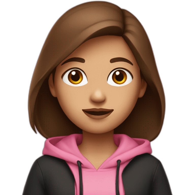 A girl with middle brown hair and brown eyes who wearing black hoodie and a pink jeans emoji