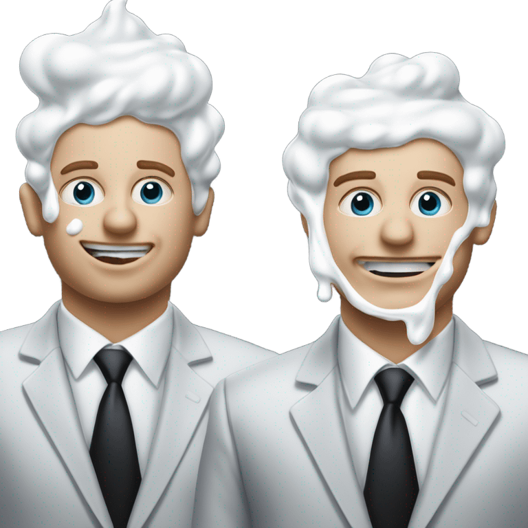 Two men covered in yogurt wearing black suits with yogurt on both of their heads, and more yogurt on their suits, but white skin emoji