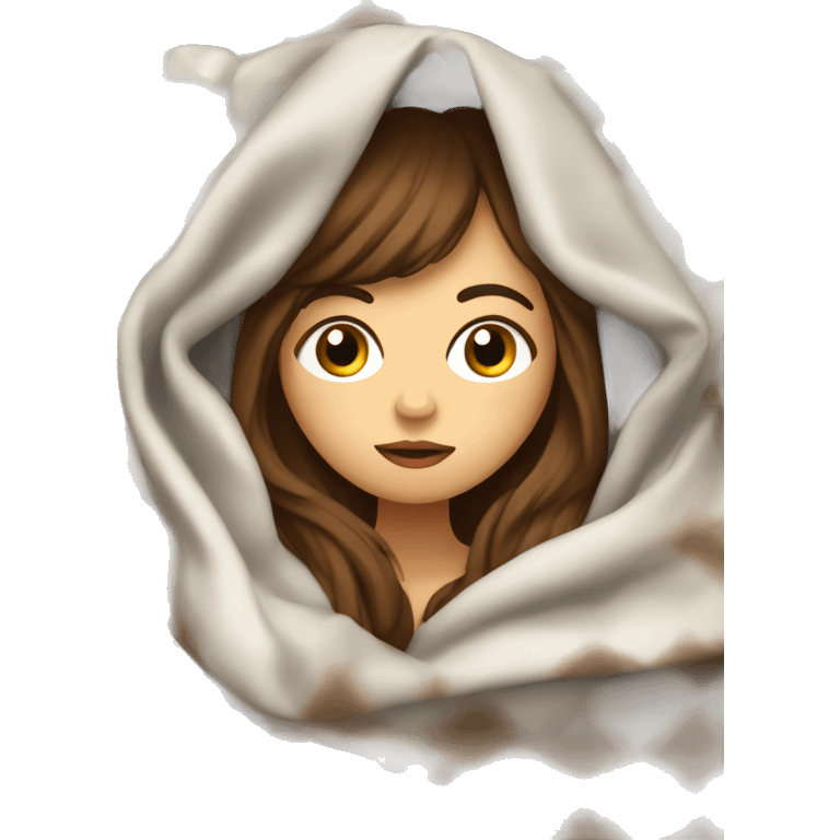 girl inside a blanket sipping coffee eyes closed white skin, brown hair and bangs emoji