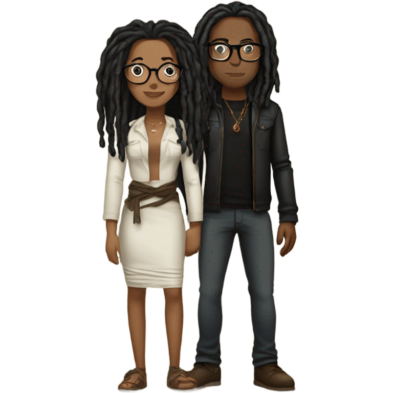 black couple with locs, male lightskin with long black locs, female brown skin with glasses and BLACK locs tied up kissing full body emoji