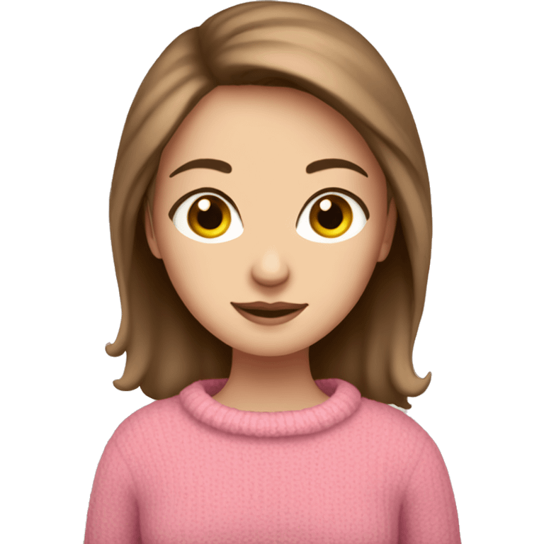 Pretty white girl with brown hair wearing pink sweater reading cozy emoji