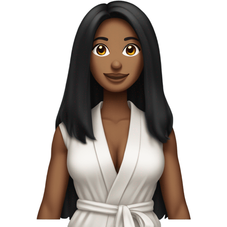 Tanned woman with long black hair wearing a Victoria’s Secret robe emoji