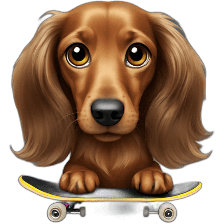 long haired Dachshund on a black skateboard emoji