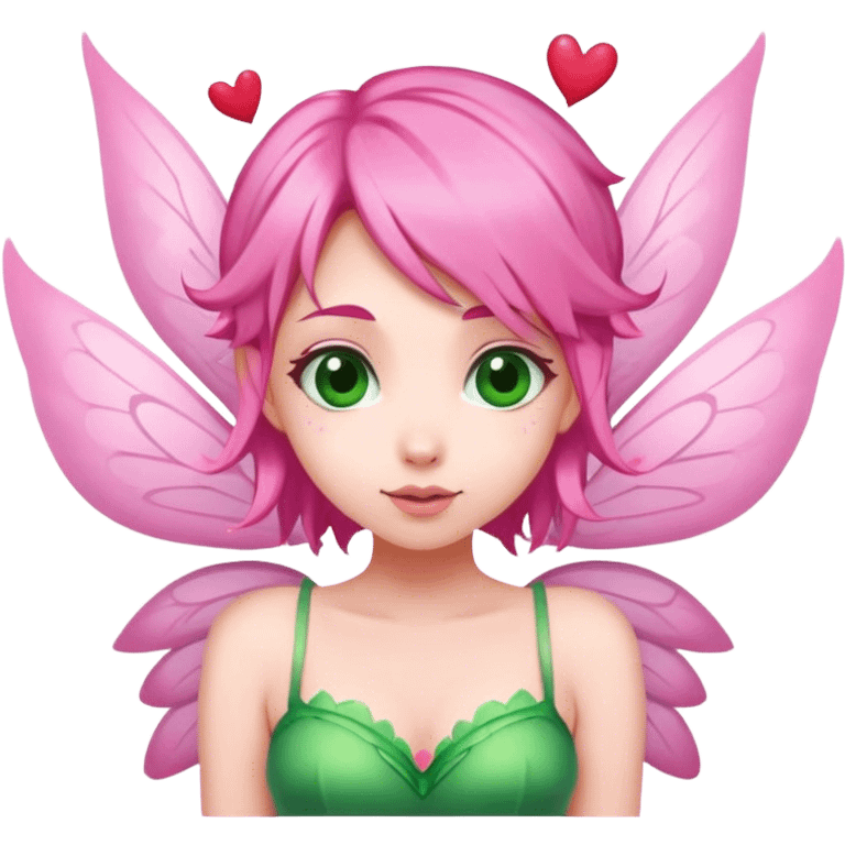 pink hair, pink wing fairy in green dress hearts emoji