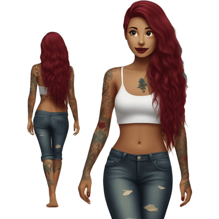 Beautiful tattooed  burgundy long haired woman walking on the beach emoji