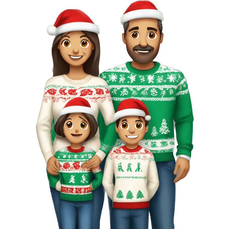 A mexican family of four members with Dad, Mom, Son, and daughter. All wearing Christmas sweaters and Santa hats.  emoji