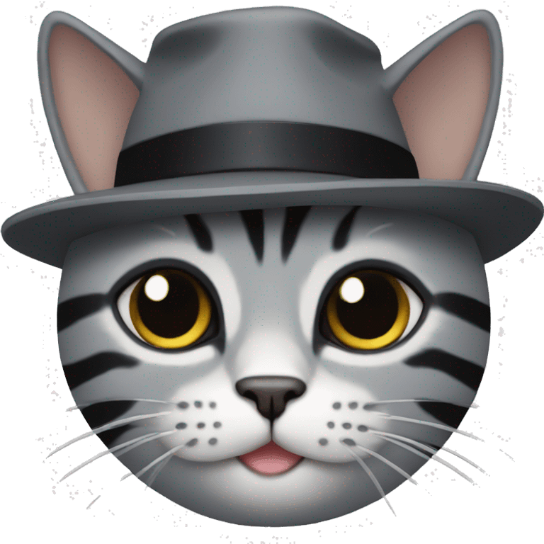 a gray cat with black stripes with a black hat emoji