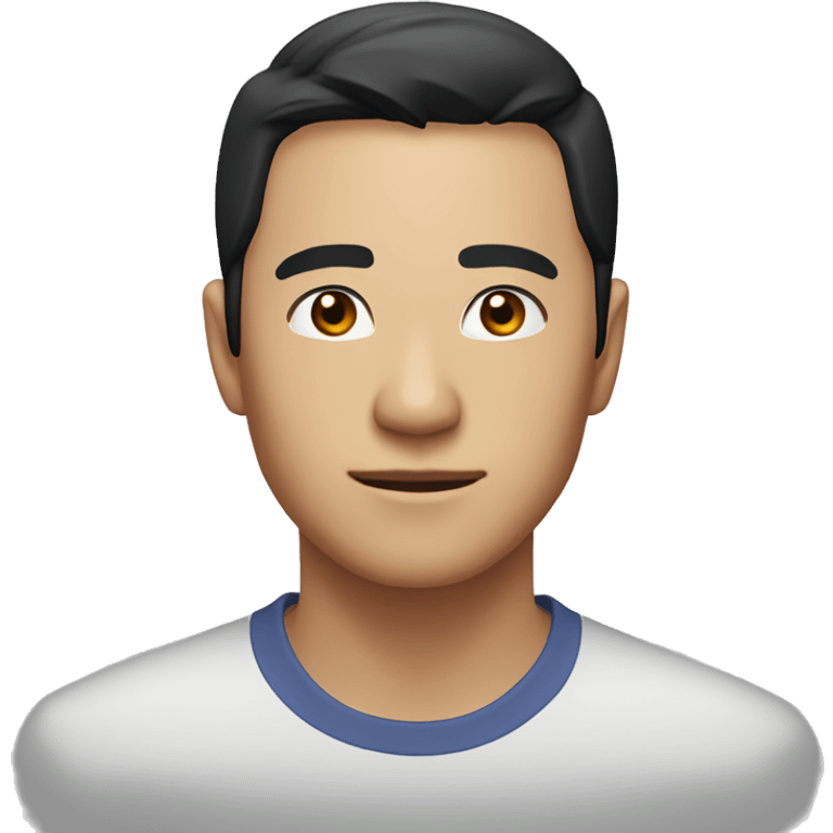 A head and shoulders shot of a 33 year old Asian man, with short black hair,   with brown eyes wearing a t-shirt. emoji