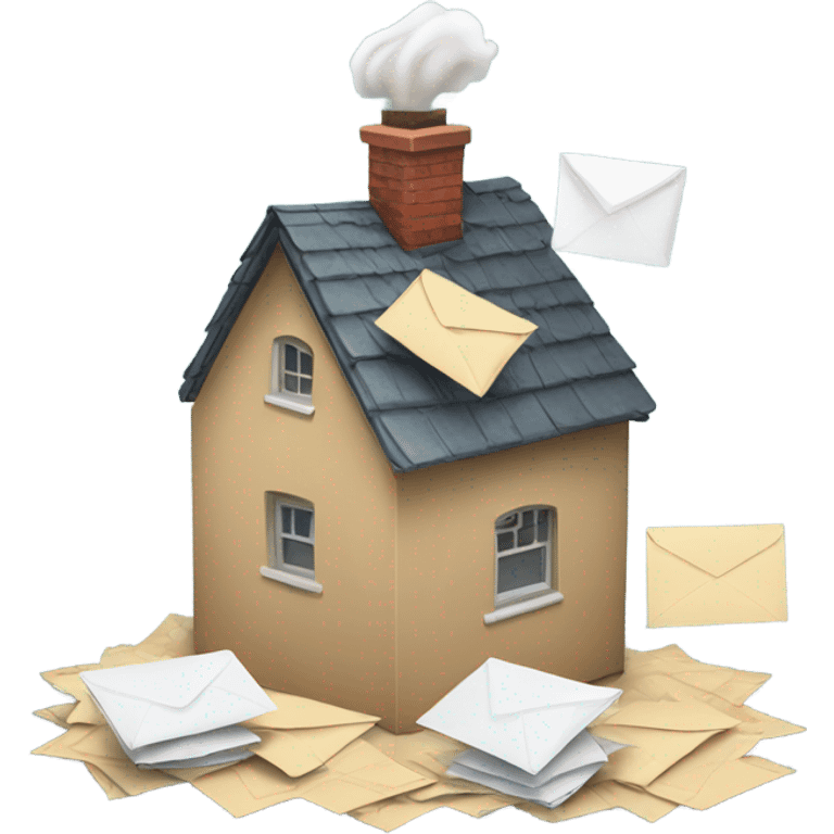 A house with envelopes blowing out the chimney and a package on the ground  emoji