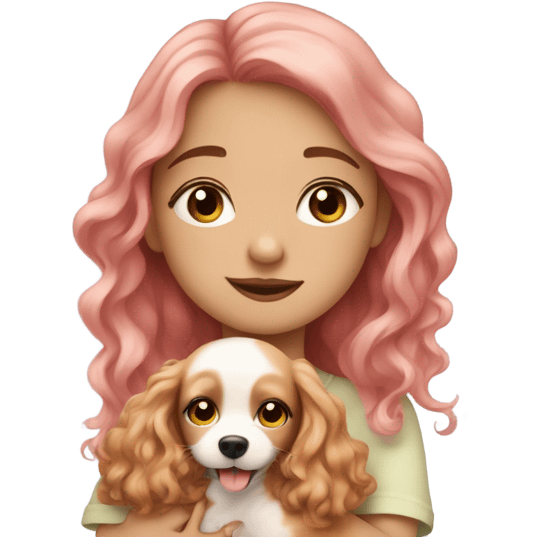 Please create a girl who hugs her pet doggie. The girl has a cute face and so does the doggie. The girl has light skin, blue eyes and pink wavy long hair. emoji